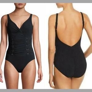 NEW $128 Profile by Gottex Moto V Neck Swimsuit Black [ SZ‎ US 14 ]